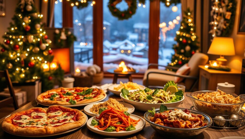 A warm, cozy Christmas scene featuring an assortment of festive dining alternatives. In the foreground, a table is set with savory dishes, including a steaming pizza, crisp salad, and a decadent pasta bake, all illuminated by the soft glow of twinkling string lights. In the middle ground, a crackling fireplace casts a flickering ambiance, while in the background, a snow-covered cityscape is visible through a large window, hinting at the winter wonderland outside. The overall atmosphere is one of comfort, convenience, and celebration, perfectly capturing the spirit of finding alternative dining options during the holiday season.