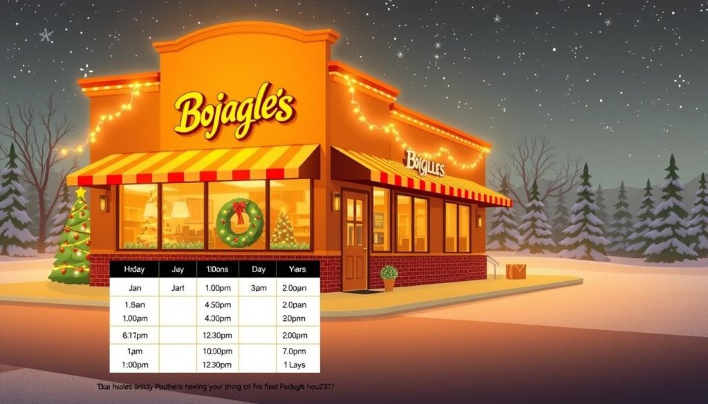 A warm, festive illustration of a Bojangles holiday hours schedule, showcasing the restaurant's operating hours during the Christmas and New Year's season. The foreground features a neatly arranged table displaying the daily hours, presented in an elegant, easy-to-read format. The middle ground depicts the restaurant's exterior, adorned with twinkling string lights and a wreath on the door, evoking a cozy, welcoming atmosphere. The background is a snowy winter landscape, with a starry night sky and silhouettes of pine trees, creating a serene, inviting backdrop. The lighting is soft and golden, casting a gentle glow over the entire scene, conveying a sense of holiday cheer and hospitality.