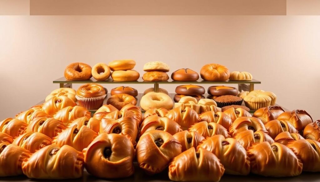 A well-lit display of an assortment of Buc-ee's signature kolaches and pastries, arranged against a clean, neutral background. The foreground features a variety of flaky, golden-brown kolache offerings, such as classic cheese, sausage, and fruit-filled options, each neatly presented. In the middle ground, a selection of other freshly baked pastries, including bear claws, muffins, and danishes, showcase Buc-ee's impressive bakery selection. The lighting is soft and diffused, highlighting the delicate textures and vibrant colors of the delectable treats. The overall composition conveys a sense of inviting warmth and quality that reflects Buc-ee's reputation for exceptional baked goods.