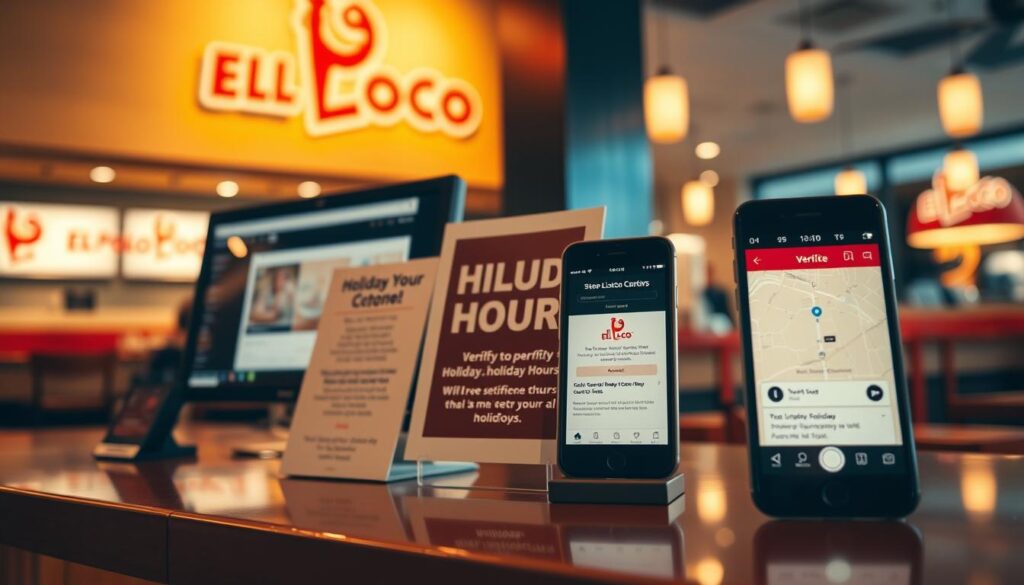 A well-lit, high-resolution image of a restaurant counter displaying various methods for verifying El Pollo Loco's holiday hours, including a computer screen with a website, a printed sign, and a mobile phone displaying the store locator app. The scene is captured from an angled perspective, creating depth and emphasizing the different verification options. Warm, inviting lighting and a clean, modern interior design set the mood for a helpful and informative visual guide during the holiday season.
