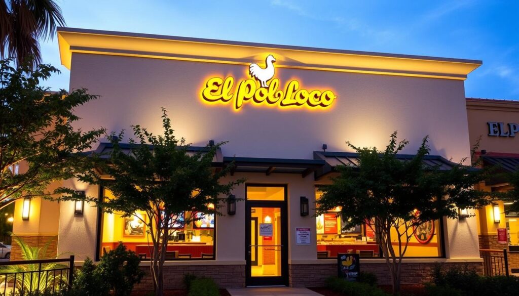 An airy, inviting exterior of an El Pollo Loco location, with a warm, golden glow from the overhead lighting illuminating the clean, modern design. The storefront features a prominent logo and signage, complemented by lush foliage and landscaping that create a welcoming atmosphere. The scene captures the diverse architectural styles and regional variations of the restaurant chain, showcasing how each location is tailored to its local community.