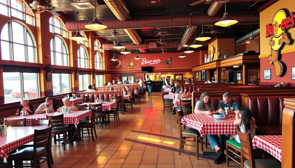 An inviting and lively Buc-ee's dining area, bathed in warm, golden light filtering through large windows. Spacious tables adorned with classic red-and-white checkered tablecloths, surrounded by cozy booths and wooden chairs. The atmosphere is casual yet vibrant, with the hum of conversation and the aroma of freshly cooked meals wafting through the air. Gleaming tile floors and walls decorated with Buc-ee's iconic beaver mascot create a welcoming, family-friendly ambiance. Patrons savor hearty Tex-Mex dishes, sip on refreshing drinks, and enjoy the lively, energetic vibe of this beloved roadside oasis.