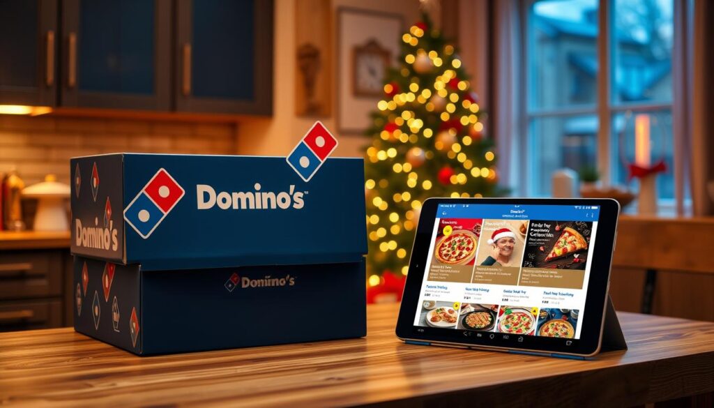 Dominos Christmas Ordering Options: A cozy, modern kitchen scene with a large Domino's pizza box prominently displayed on a wooden table. Warm, golden lighting casts a festive glow, as a smart device showcases the Domino's online ordering interface, highlighting various Christmas-themed menu items and delivery options. In the background, a twinkling Christmas tree and holiday decorations create a celebratory atmosphere, inviting the viewer to imagine the convenience of Domino's holiday ordering experience.
