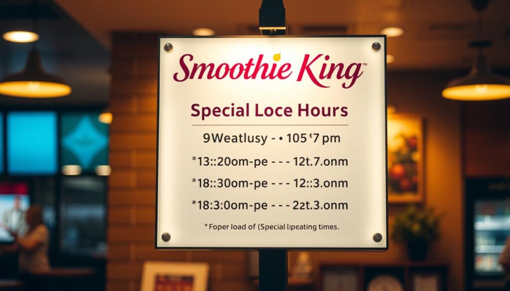 Smoothie King Special Location Hours A meticulously designed sign illuminated by warm, inviting lighting, showcasing the operating hours for a Smoothie King's special location. The sign is positioned against a blurred, softly-lit background, creating a sense of depth and emphasis on the key information. The sign's typography is clean, legible, and aesthetically pleasing, reflecting the brand's attention to detail. The overall composition evokes a sense of professionalism and customer-oriented hospitality, perfectly aligning with the article's subject matter of Smoothie King's holiday schedule and special location operating times.